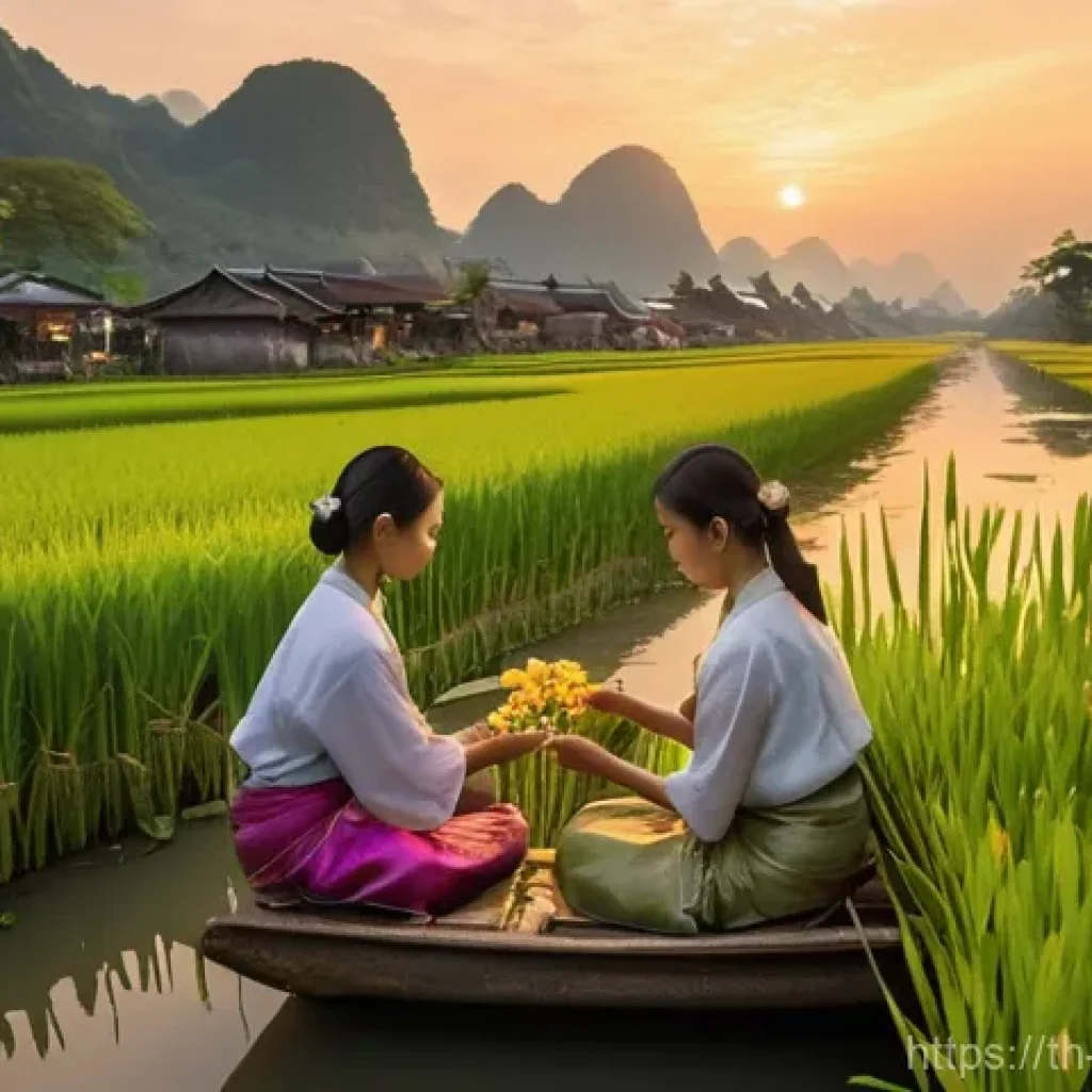 컨설팅 업계에서의 여성 리더십 - **Prompt 1:** A serene, sunlit traditional Thai village scene at dawn. Two young Thai women, dressed...