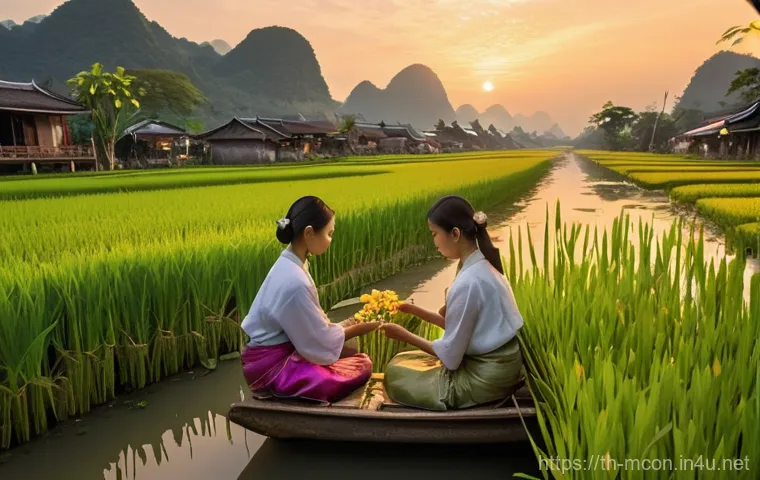컨설팅 업계에서의 여성 리더십 - **Prompt 1:** A serene, sunlit traditional Thai village scene at dawn. Two young Thai women, dressed...