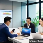 컨설팅 관련 추천 도서 - A professional Thai business meeting scene inside a modern office with glass walls, featuring a dive...