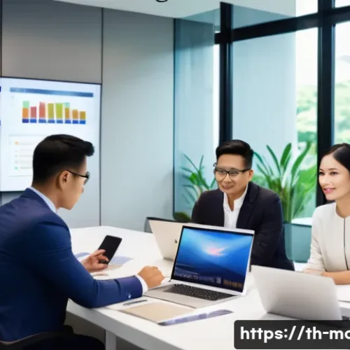 컨설팅 관련 추천 도서 - A professional Thai business meeting scene inside a modern office with glass walls, featuring a dive...