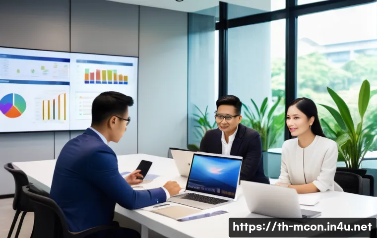 컨설팅 관련 추천 도서 - A professional Thai business meeting scene inside a modern office with glass walls, featuring a dive...