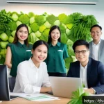 경영컨설팅과 지속 가능성 전략 - A modern Thai business office scene showcasing a diverse team of young professionals collaborating o...