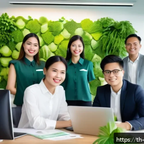 경영컨설팅과 지속 가능성 전략 - A modern Thai business office scene showcasing a diverse team of young professionals collaborating o...